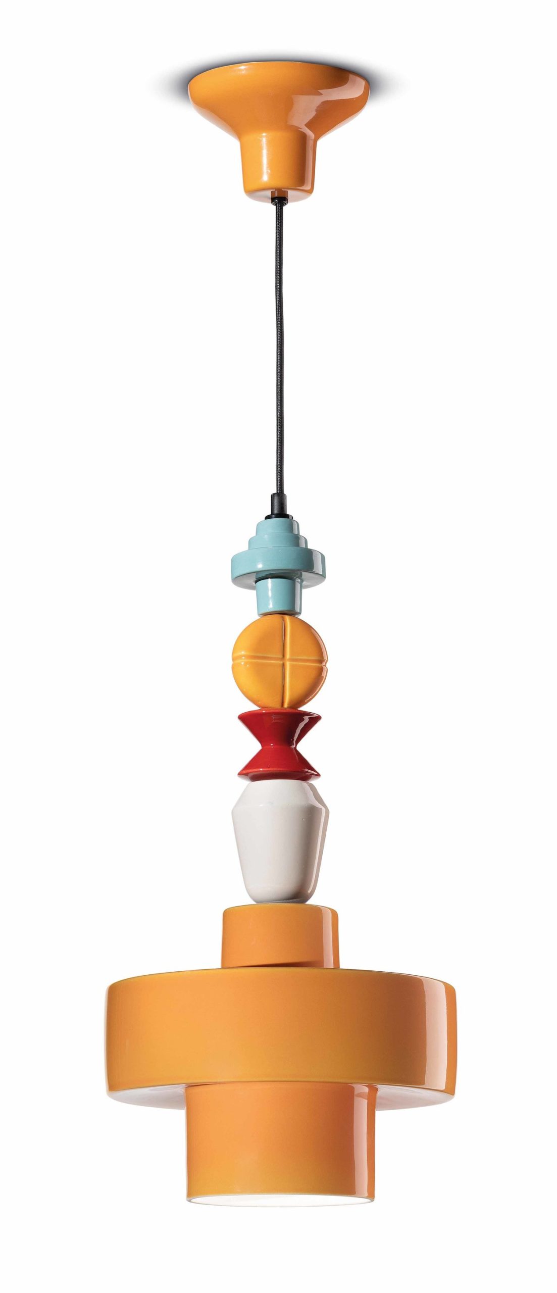 Suspension ludique LARIAT 3 tailles avec diffuseur cylindrique vert ou jaune en céramique par Ferroluce