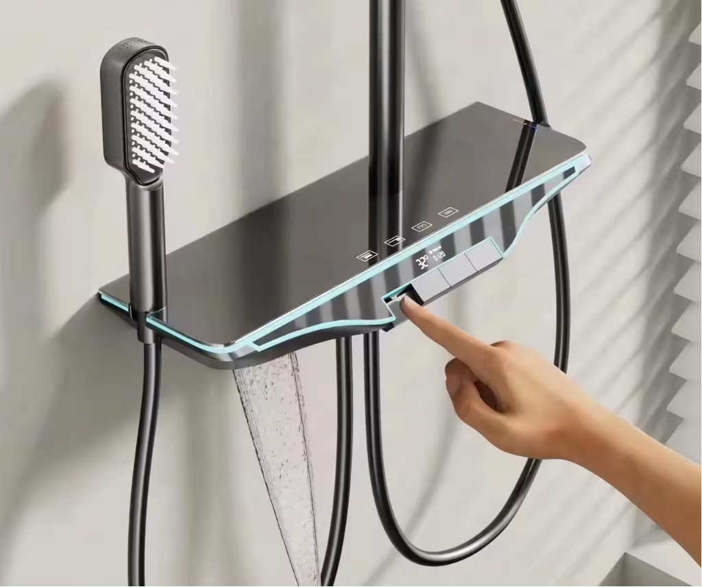 Colonne de douche Nolann thermostatique avec brosse à affichage LED avec tablette et 4 modes de sortie d'eau par Pavao studio