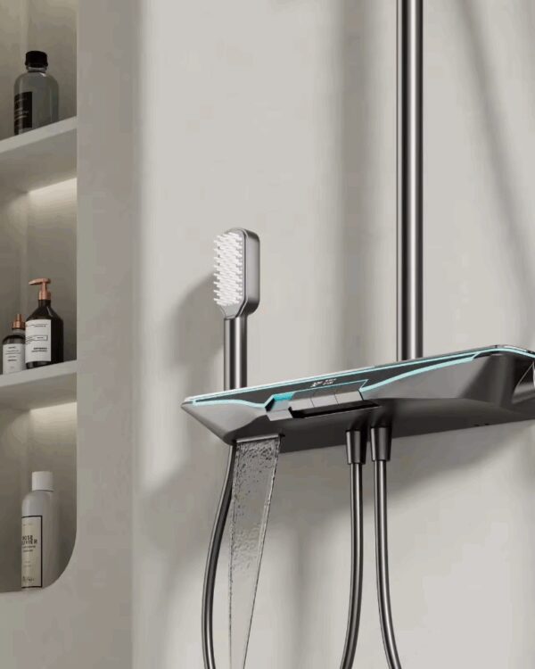 Colonne de douche Nolann thermostatique avec brosse à affichage LED avec tablette et 4 modes de sortie d'eau par Pavao studio