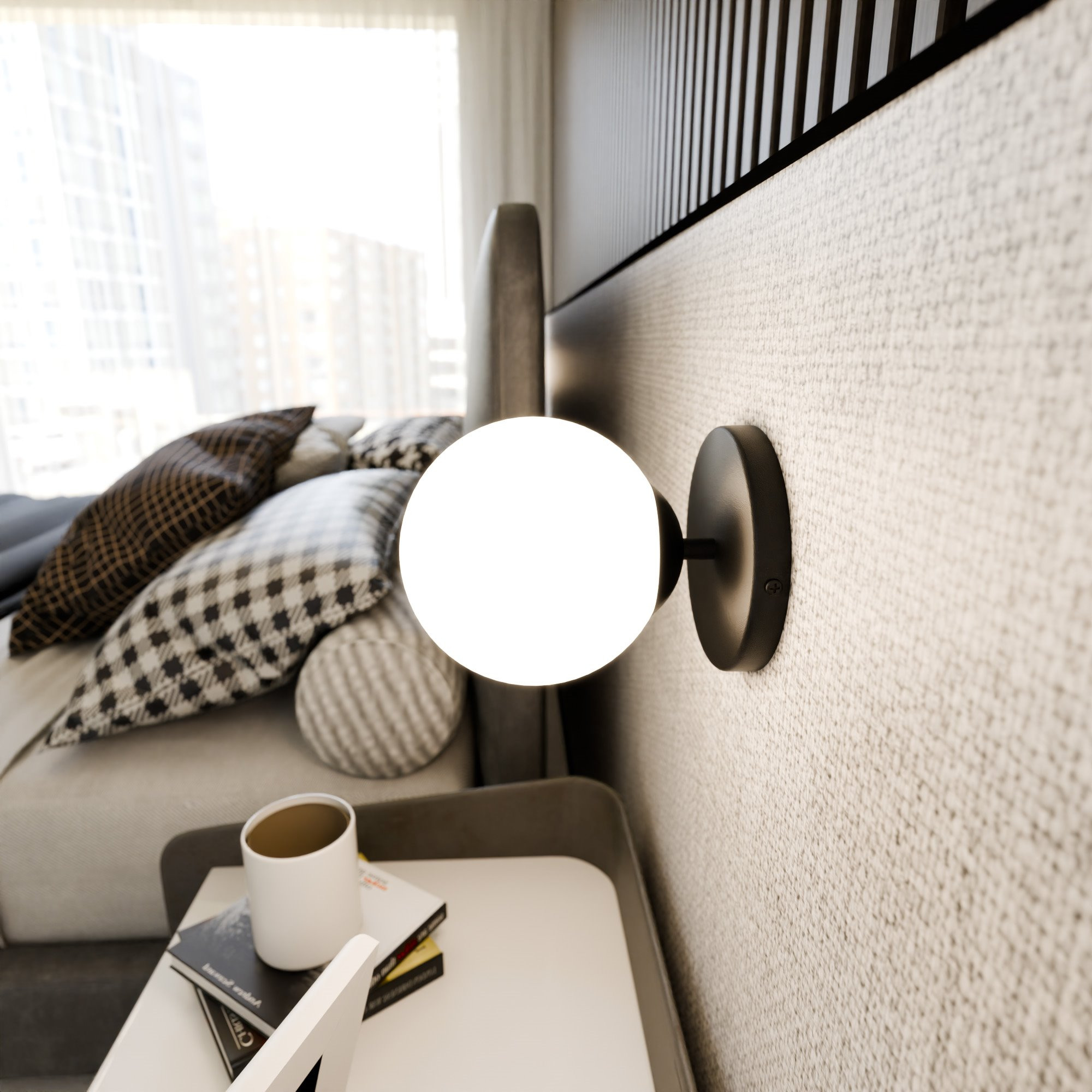 Applique murale Bior base en métal et abat-jour en boule de verre opale au design contemporain par Emibig